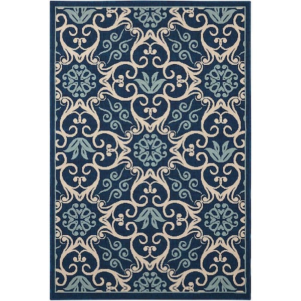Caribbean Navy 4 ft. x 6 ft. Floral Modern Indoor/Outdoor Patio Area Rug
