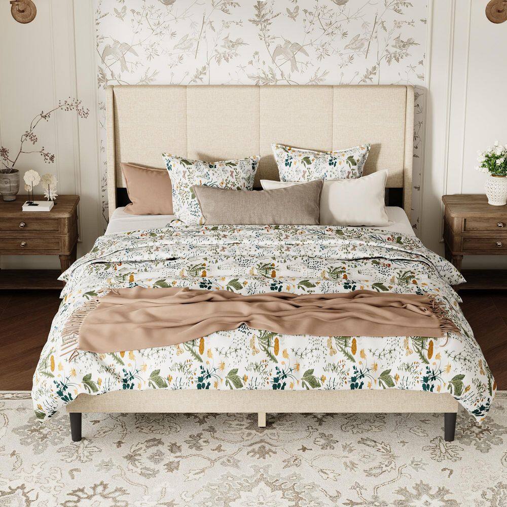 Beige Wood Frame Queen Size Platform Bed, Panel Bed, Bed Frame with Headboard