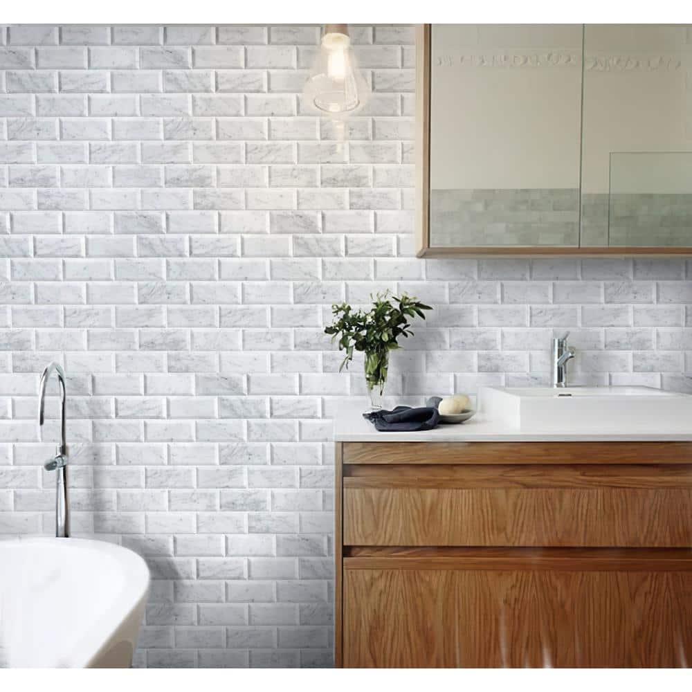 White and Gray Beveled Polished Marble 3x6 Subway Tile