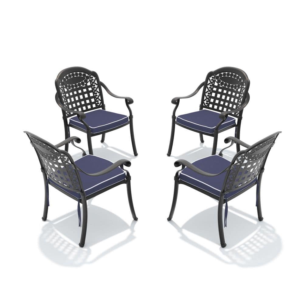 Black Frame Traditional Scrollwork Cast Aluminum Outdoor Dining Chair with Blue All-Weather Cushions (4-Pack) price history on PriceWatchPro