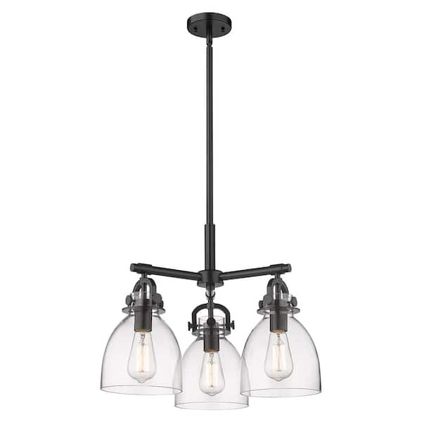 Newton Bell 100-Watt 3-Light Matte Black Shaded Mini Pendant Light with Clear Glass Shade