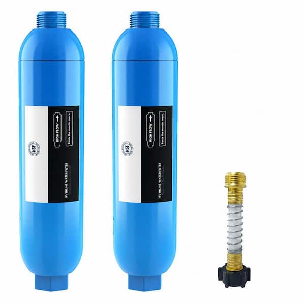 RV Marine Inline Water Filter Fits Standard Hose, Reduces Chlorine Odor Taste Sediment, Flexible Hose Protector, 2 Pack