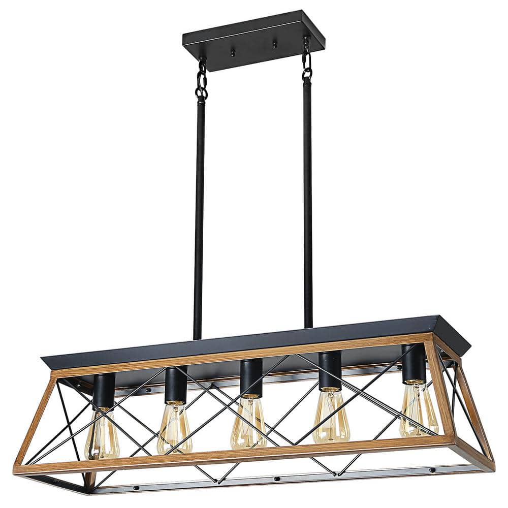 31.5 in. 5-Light Walnut Industrial Kitchen Island Farmhouse Chandeliers Pen