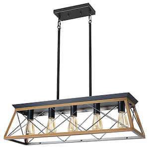 31.5 in. 5-Light Walnut Industrial Kitchen Island Farmhouse Chandeliers Pendant Light Fixture Metal Solid Ceiling Lights