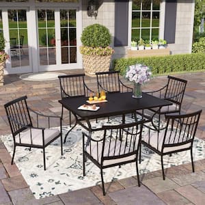 Black 7-Piece Metal Patio Outdoor Dining Set with Slat Table and Stylish Arm Chairs with Beige Cushion