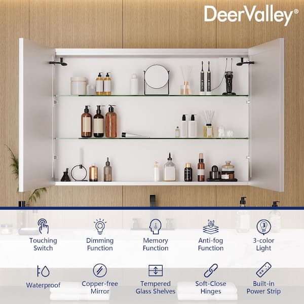 48 in. W x 32 in. H Rectangular Silver Aluminum Surface LED Light Medicine Cabinet with Mirror, Anti-Fog, Double Doors