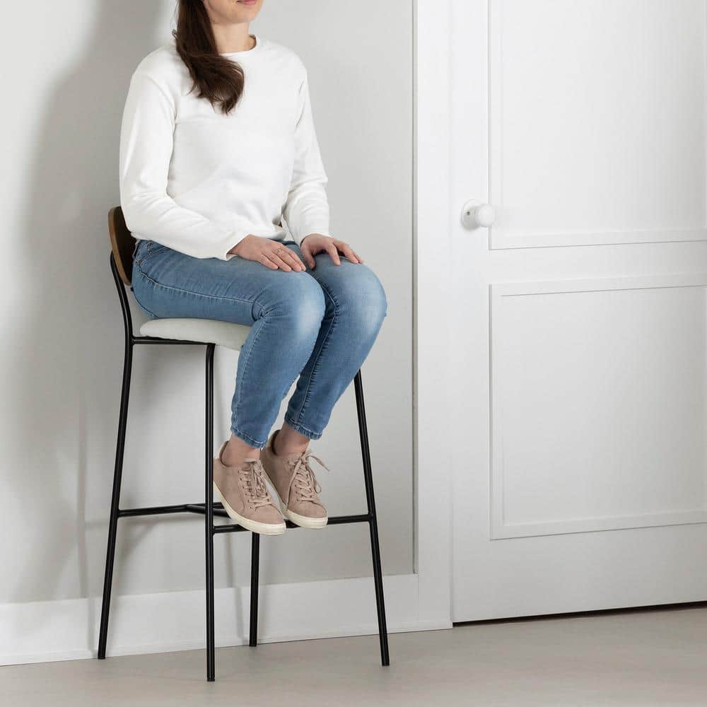 Cream and Brown Mid-Century Modern Bar Stool with Metal Frame