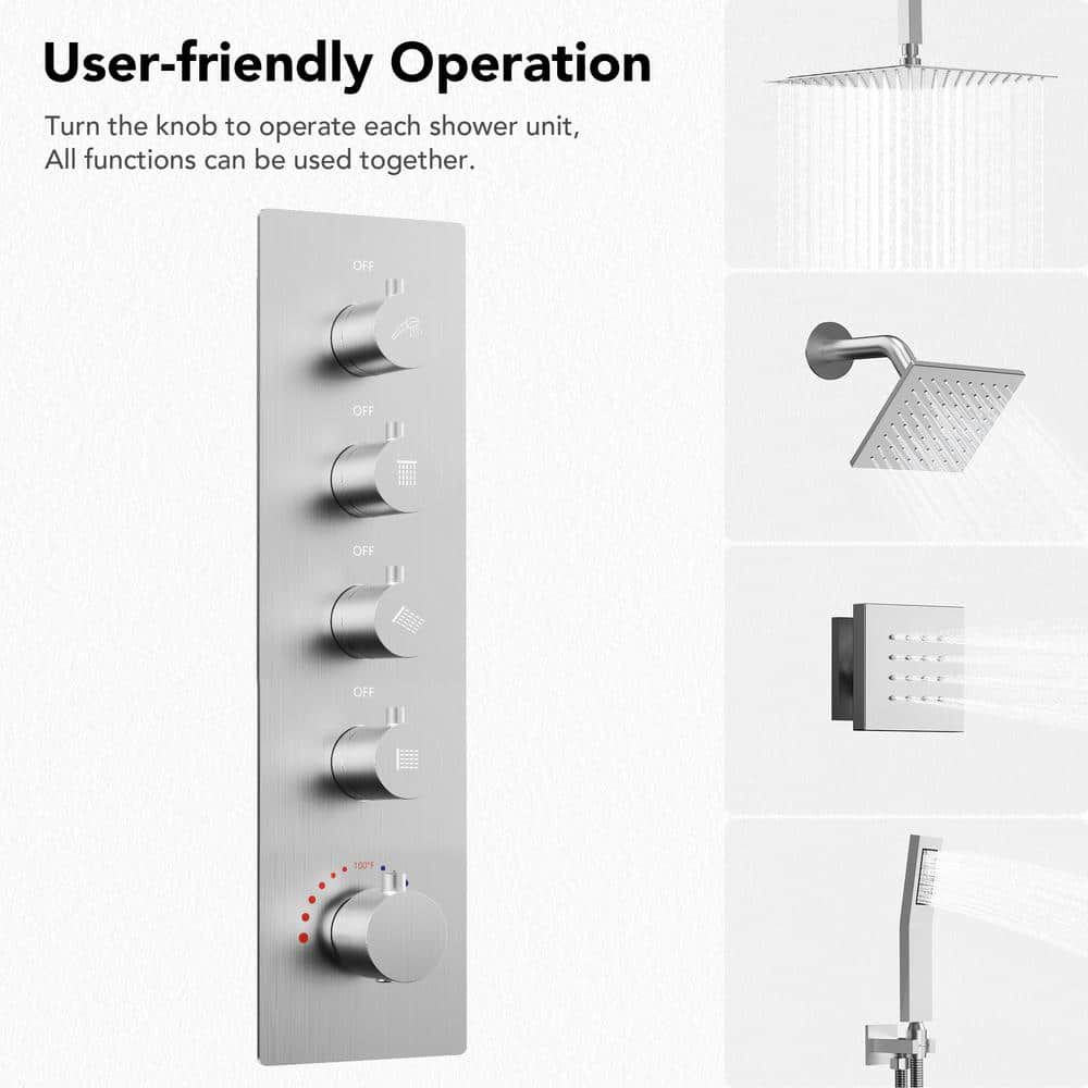 16" Brushed Nickel Dual Shower Head System with Thermostatic Valve