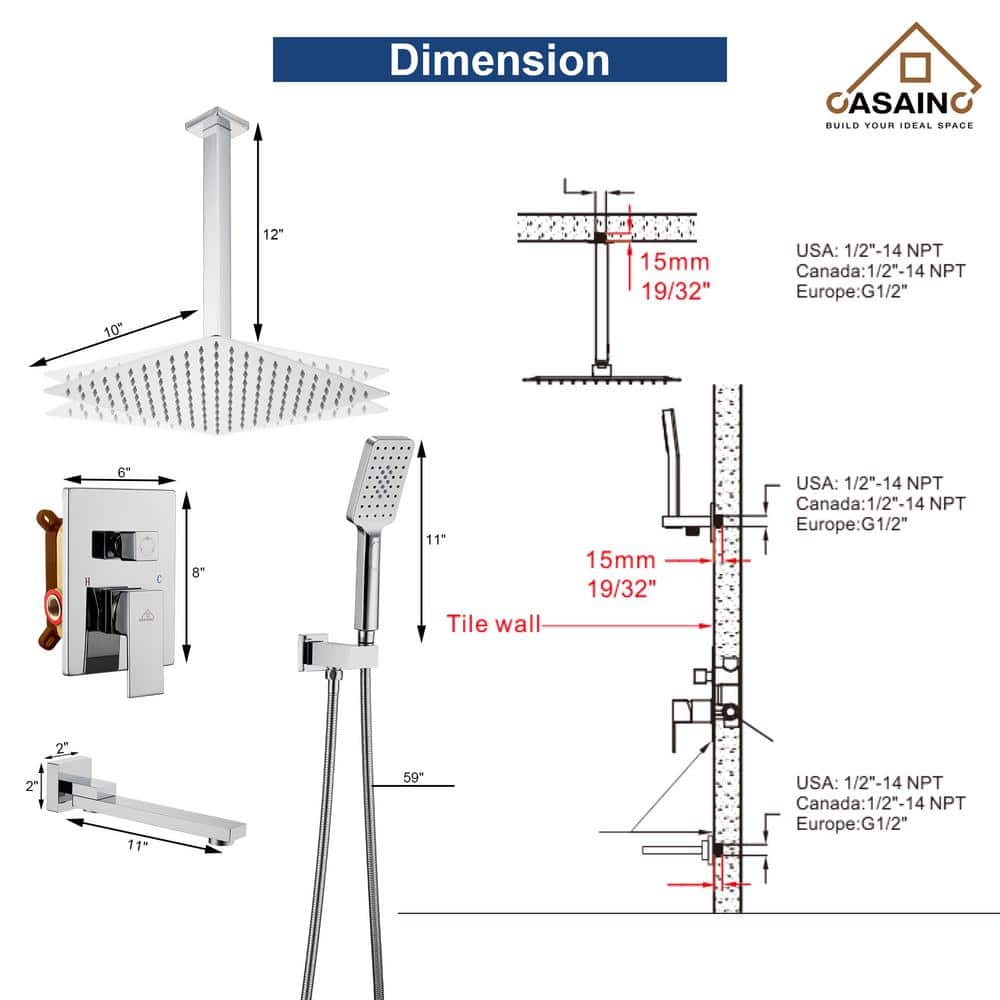 Chrome Dual Square Rainfall Shower Head with Handheld