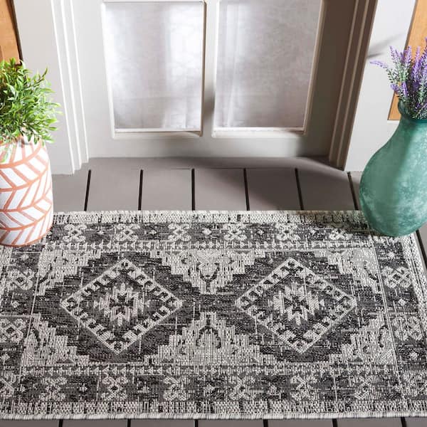 Courtyard Light Gray/Charcoal 2 ft. x 4 ft. Border Aztec Medallion Indoor/Outdoor Area Rug