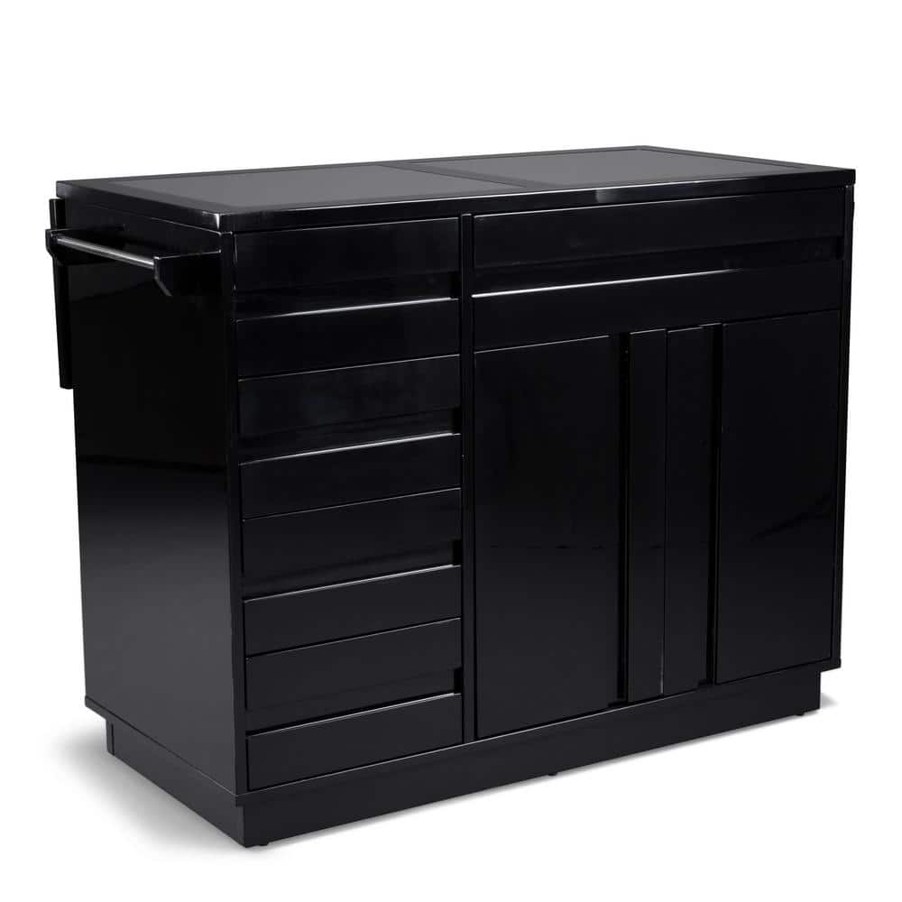 HOMESTYLES Linear Black Kitchen Island with Black Quartz Top and Drop