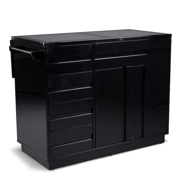 HOMESTYLES Linear Black Kitchen Island with Black Quartz Top and Drop Leaf
