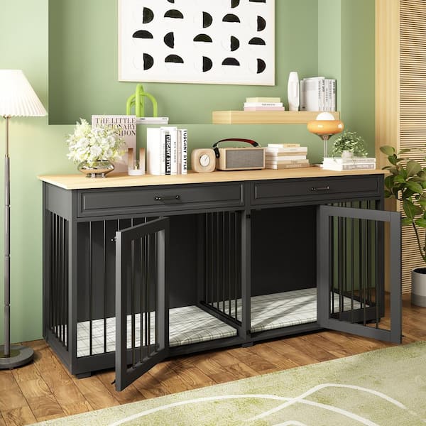 72 in. Furniture Style Dog Crate, Large Wooden Dog Kennel Drawers and Divider, Heavy Duty Dog House for 2-Dogs, Black