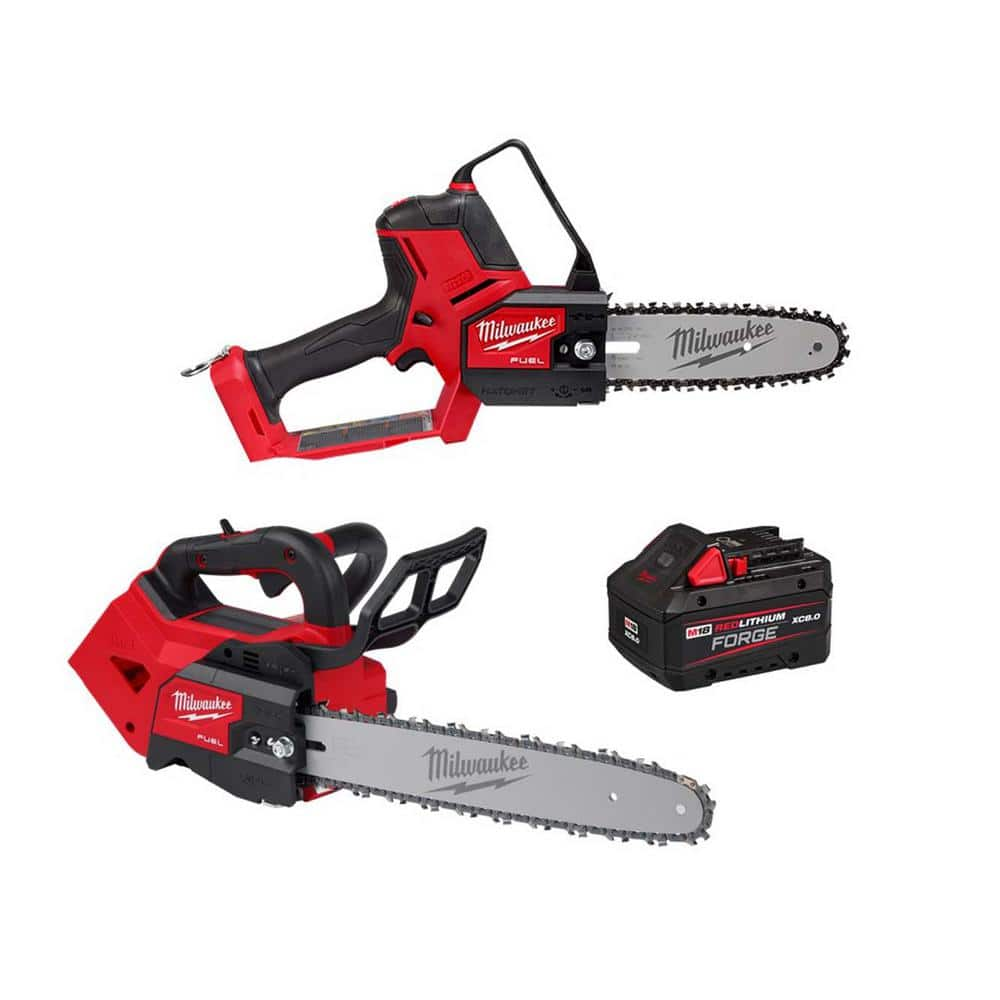 Milwaukee M18 FUEL 18V Brushless 8 in. HATCHET Pruning Saw w/M18 FUEL 14 in. Top Handle Chainsaw, (1) M18 FORGE 8.0 Ah Battery