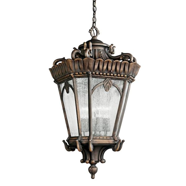 KICHLER Tournai 4-Light Bronze Outdoor Porch Hanging Pendant Light with Clear Seeded Glass (1-Pack)