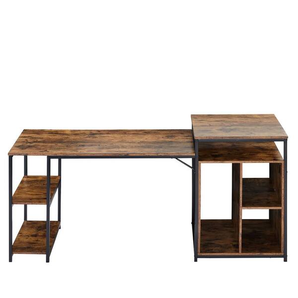 Z-joyee 70.8 in. Rectangular Brown Computer Desk with Storage Shelf, CPU Storage Space