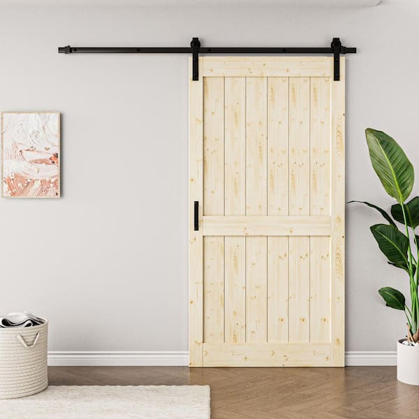 42 in. x 84 in. Paneled H Shape Solid Core Unfinished Pine Wood Sliding Barn Door Slab with Hardware Kit and Soft Close
