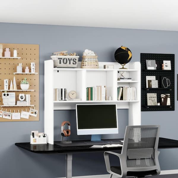 31 in. Tall White Wood Computer Desktop Bookcase Countertop Storage Bookshelf with 5 Shelves