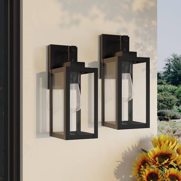 Hukoro 14 in. 1-Light Matte Black Outdoor Hardwired Wall Lantern Sconce with Clear Glass Shade, No Bulbs Included (2-Pack)