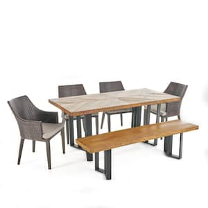 Eliza Multi-Brown 6-Piece Faux Rattan Rectangle 29.75 in. Outdoor Dining Set with Light Brown Cushions