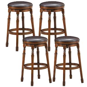 29 in. Walnut Wood Swivel Bar Stool Faux Leather Padded Dining Kitchen Pub Chair(Set of 4)