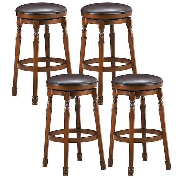Costway 29 in. Walnut Wood Swivel Bar Stool Faux Leather Padded Dining Kitchen Pub Chair(Set of 4)
