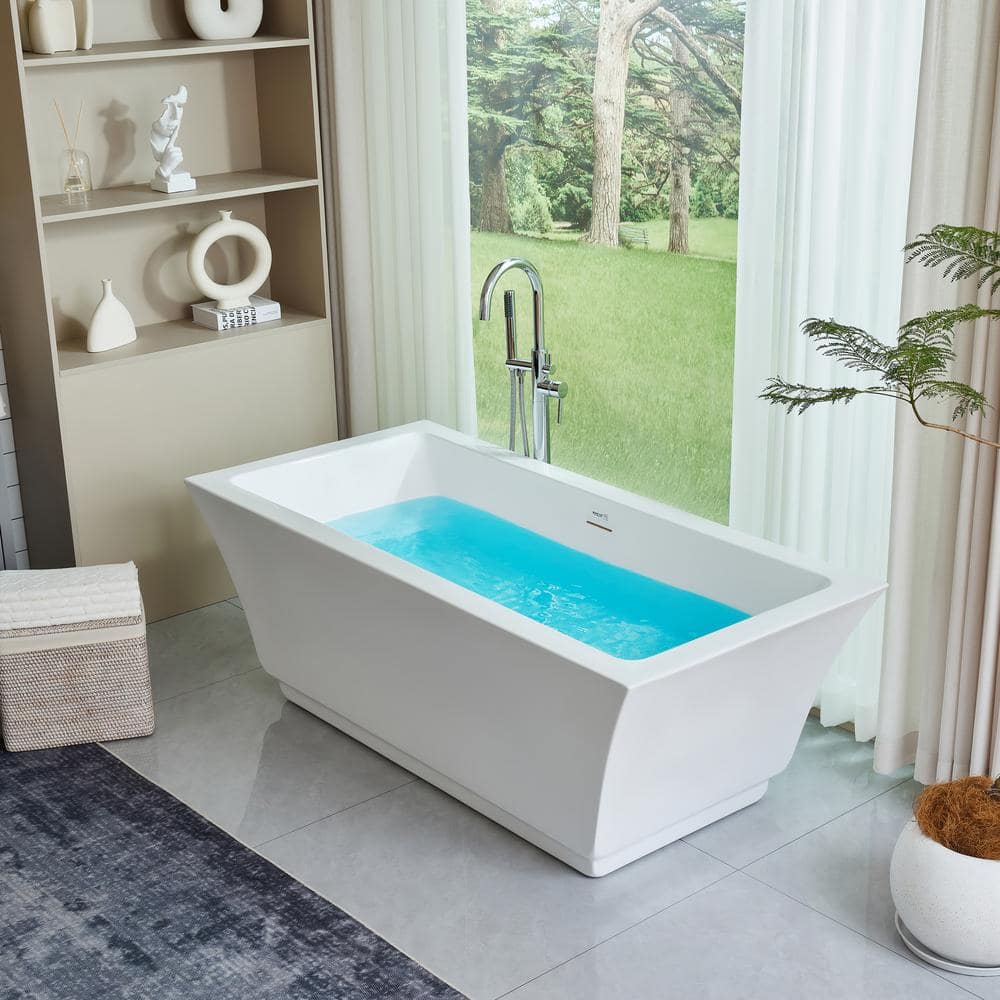 Vanity Art 59" White Acrylic Freestanding Bathtub with Center Drain