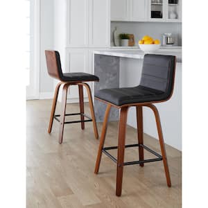 Vasari 25.5 in. Black Faux Leather, Walnut Wood and Black Metal Fixed-Height Counter Stool (Set of 2)