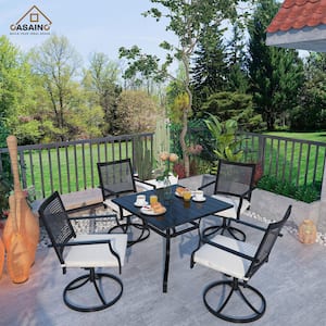 5-Piece Black Metal Outdoor Dining Set with Beige Cushions and Swivel Dining Chair