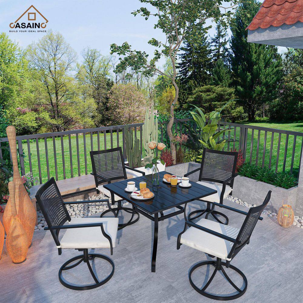 5-Piece Black Metal Outdoor Dining Set with Beige Cushions and Swivel Dinin