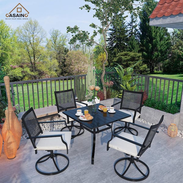 Unbranded 5-Piece Black Metal Outdoor Dining Set with Beige Cushions and Swivel Dining Chair