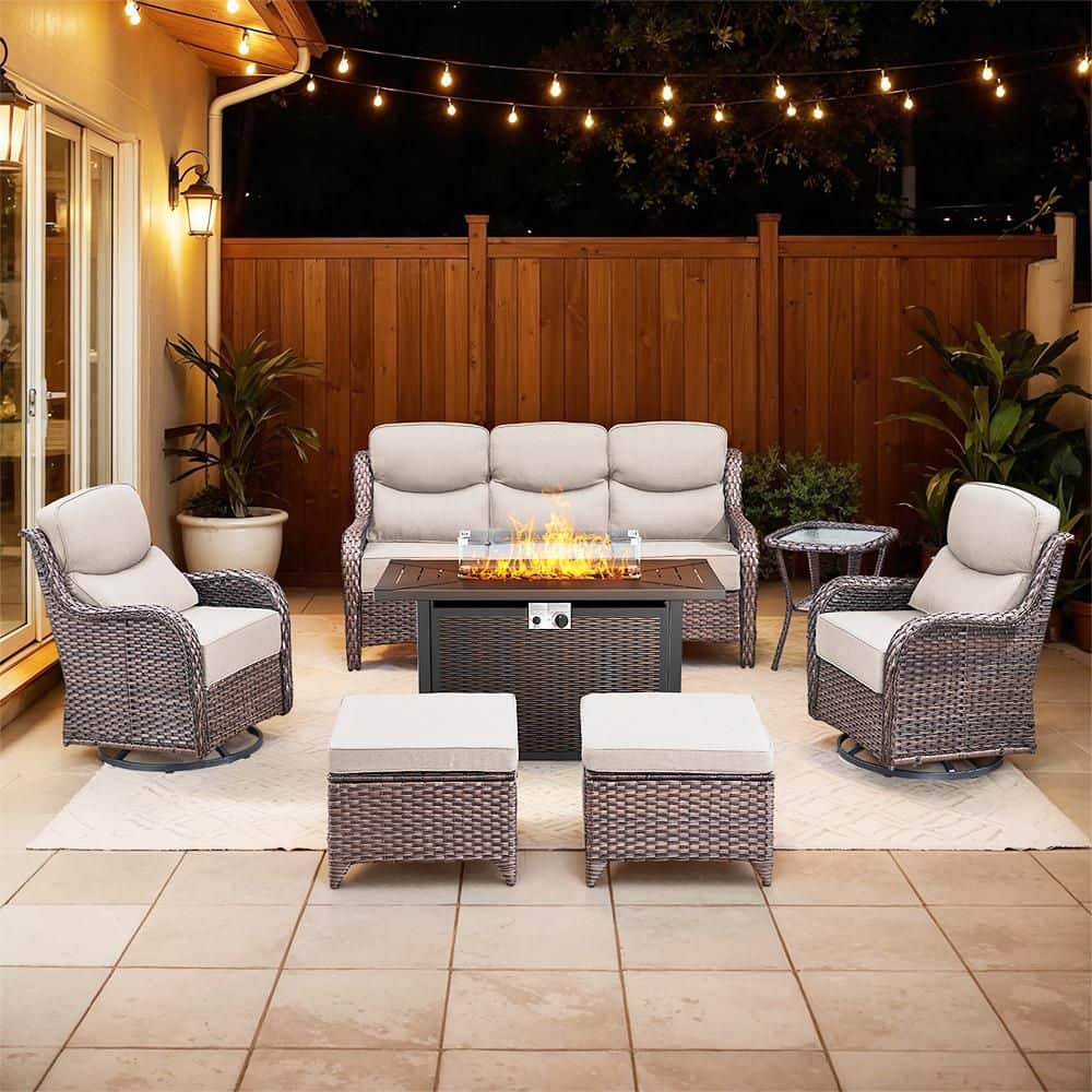 JHXL Brown Rattan Wicker 7-Piece Outdoor Patio Conversation Set with Beige Cushions, Rectangular Fire Pit Table price history on PriceWatchPro