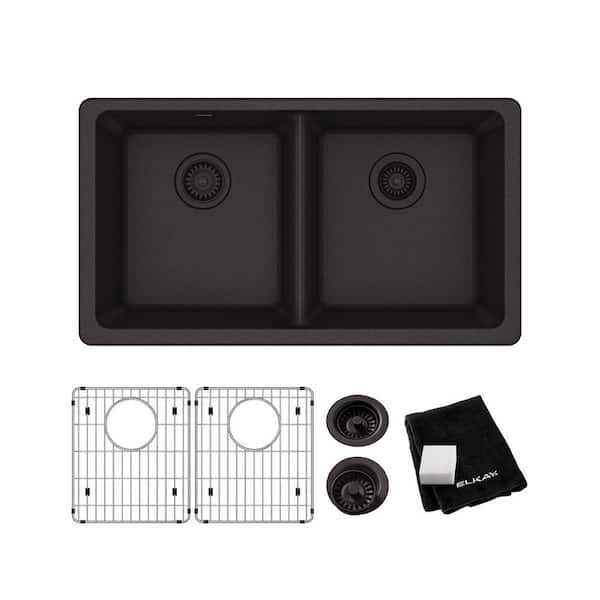 Elkay Quartz Classic 33 in. Undermount Double Bowl Black Granite/Quartz Composite Kitchen Sink Kit w/ Accessories