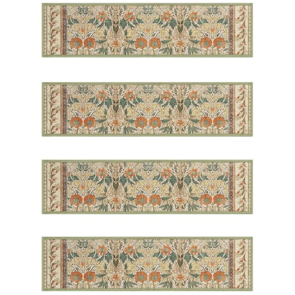 Sage Green 8 in. x 30 in. Polyester Boho Stair Tread Cover Non Slip Machine Washable (Set of 15)