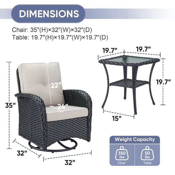 Black 3-Piece Wicker Patio Conversation Set with Beige Cushions and Coffee Table All-Weather Swivel Rocking Chairs