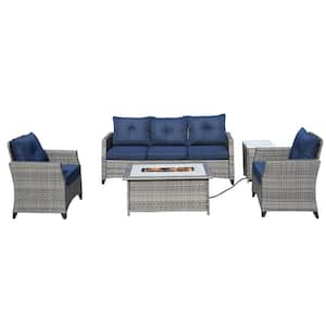 Emily 5-Piece Wicker Patio Gas Fire Pit Conversation Set with Navy Blue Cushions