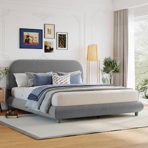 Gray Wood Frame Full Size Teddy Fleece Fabric Upholstered Platform Bed with Stylish Curve-Shaped Design