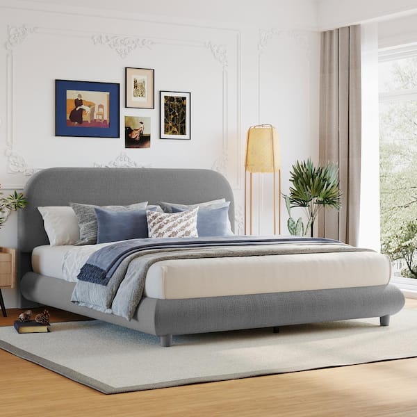 Harper & Bright Designs Gray Wood Frame Full Size Teddy Fleece Fabric Upholstered Platform Bed with Stylish Curve-Shaped Design