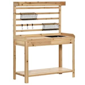 42.25 in. W x 56 in. H Natural Garden Work Bench with Metal Sieve Screen, Removable Sink, Hooks and Baskets