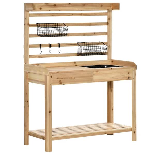 ITOPFOX 42.25 in. W x 56 in. H Natural Garden Work Bench with Metal Sieve Screen, Removable Sink, Hooks and Baskets
