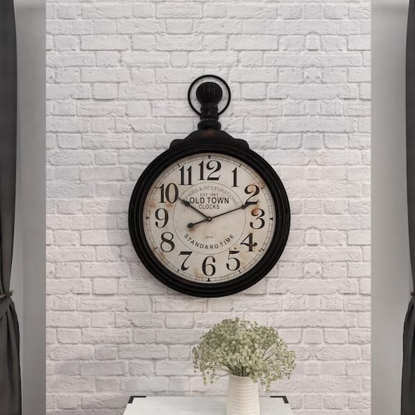 Litton Lane 28 in. x 39 in. Brown Wooden Distressed Pocket Watch Style Wall Clock with Beige Clockface