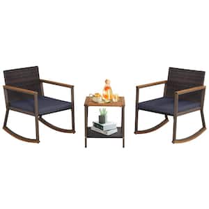 Brown 3-Piece Rattan Wicker Rocking Outdoor Bistro Set with Navy Cushion and Coffee Table