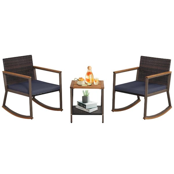 ANGELES HOME Brown 3-Piece Rattan Wicker Rocking Outdoor Bistro Set with Navy Cushion and Coffee Table