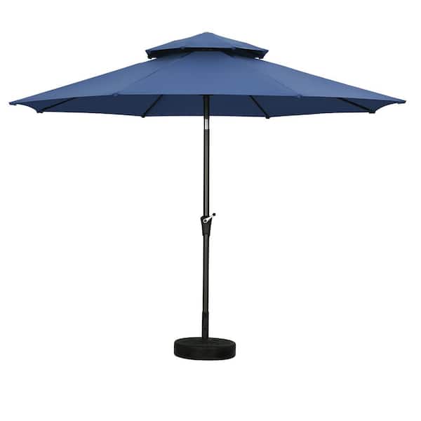 OVASTLKUY 11 ft. 2-Tier Round Market Outdoor Patio Umbrella in Navy Blue with Base
