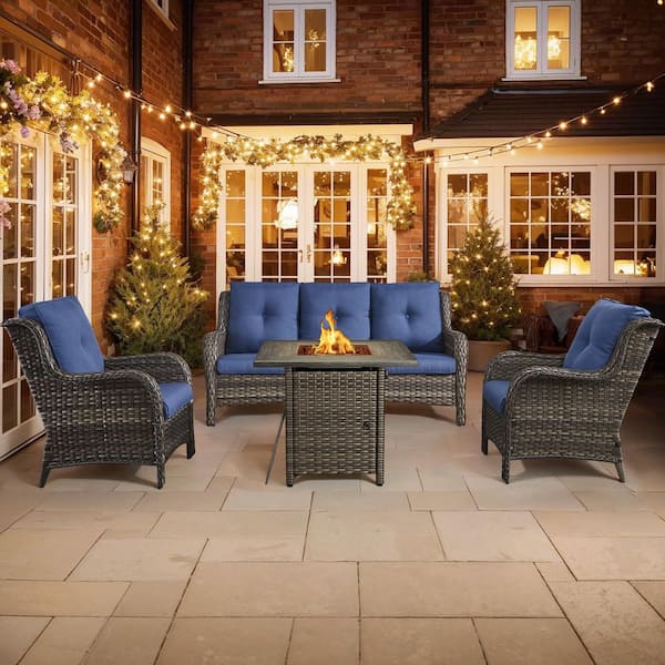Pocassy 4-Piece Fire Pit Table Patio Sets Wicker Patio Conversation Set with Lounge Chair Blue Cushions