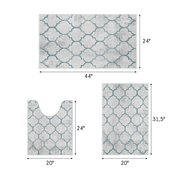SUSSEXHOME Gray-Blue Color Geometric Trellis Design Cotton Non-Slip Washable  Thin 3-Piece Bathroom Rugs Sets BTH-OT-01-Set - The Home Depot