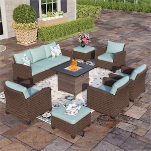 Dark Brown 8-Piece Rattan Wicker Steel Outdoor Patio Conversation Set with Blue Cushions, Square Fire Pit, 2 Ottomans