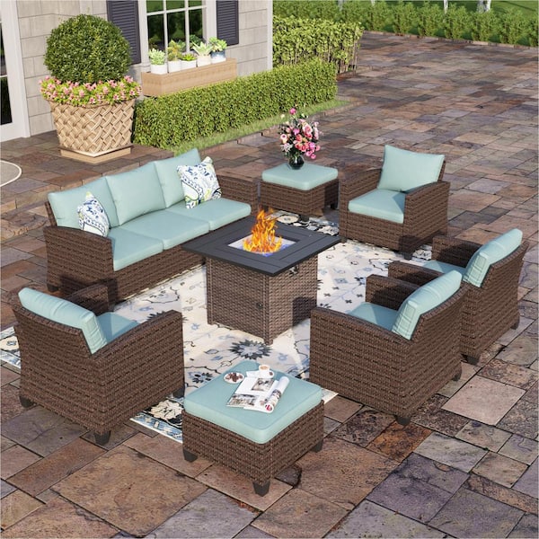 PHI VILLA Brown Rattan Wicker 8-Piece Steel Outdoor Patio Conversation Set with Blue Cushions, Square Fire Pit Table