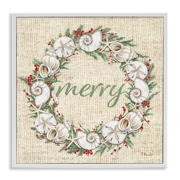 Stupell Industries Shells & Holly Merry by Paul Brent White Framed Typography Giclee Art Print 12 in. x 12 in.
