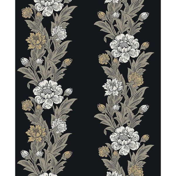 Seabrook Designs 57.5 sq. ft. Ebony and Goldenrod Blooming Stripe Unpasted Nonwoven Wallpaper Roll